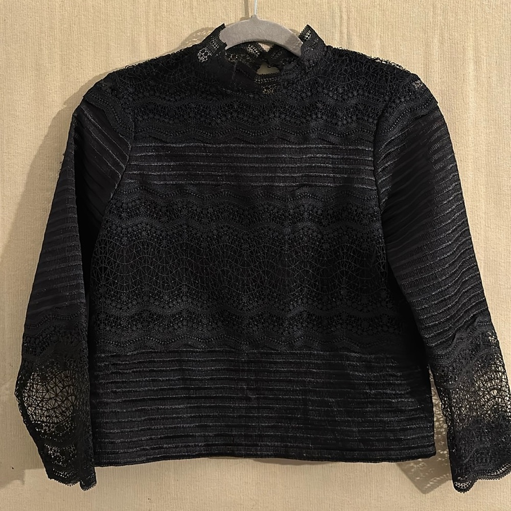 Maje Black Lace mock neck 3/4 length blouse